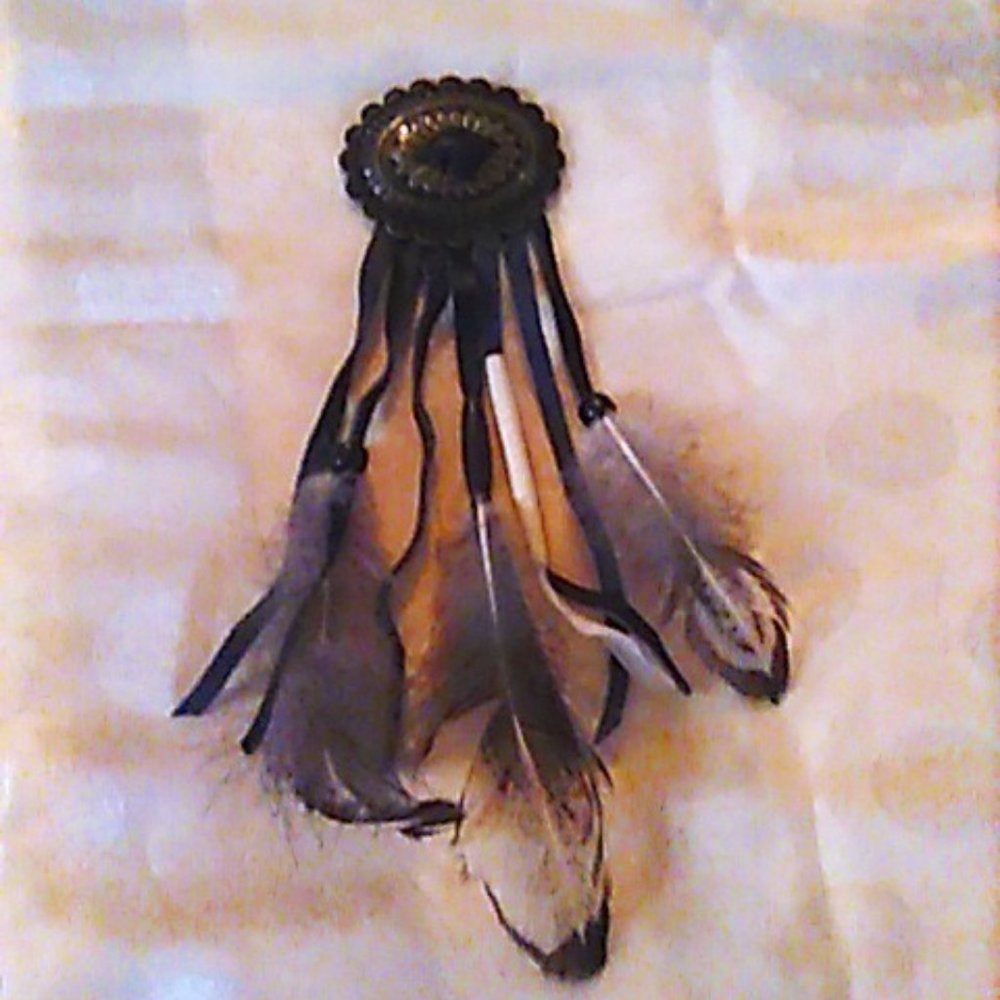 Vintage Button Cover Oval Concho/Leather/Feathers Handmade in 90's Western Dani